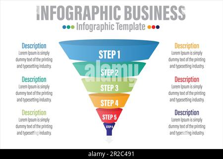 Infographie concept de diagramme en entonnoir pour la présentation des diapositives avec six 6 étapes, six 6 options, six 6 points et des entonnoirs qui forment la direction du cône de la pyramide Illustration de Vecteur