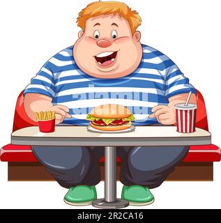 Un homme en surpoids qui mange de la nourriture rapide au restaurant est une illustration isolée Illustration de Vecteur