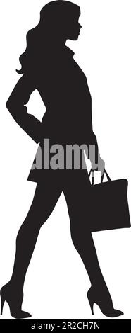 Silhouette de femme d'affaires isolée sur fond blanc, vecteur. Jeune femme d'affaires avec porte-documents dans sa main, illustration en noir et blanc. Illustration de Vecteur