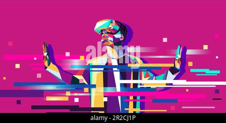 Illustration vectorielle d'un homme portant des lunettes de réalité virtuelle. Le concept de la technologie moderne. Dans un style d'art moderne Illustration de Vecteur