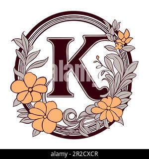 Lettre K Monogramme floral. Décoration vintage initiale Alphabet style spirale. Illustration de Vecteur