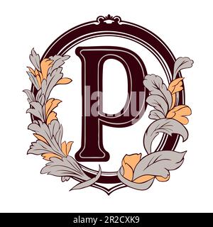 Lettre P Monogramme floral. Décoration vintage initiale Alphabet spirale. Illustration de Vecteur