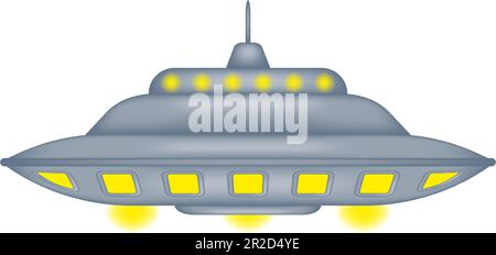Une jolie soucoupe volante isolée flotte dans l'air entouré d'un halo de lumières jaunes. Un véhicule de voyage dans l'espace fantastique. Journée des OVNIS. Vecteur Ill Illustration de Vecteur