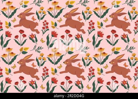 Joli lapin et caneton au printemps Bloomy fleurir jardin vectoriel sans couture motif. Imprimé vintage romantique nature dessiné à la main. Illustration vectorielle Illustration de Vecteur