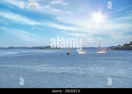 Vieux voiliers sur l'île d'Ile-aux-Moines, magnifique paysage marin dans le golfe du Morbihan, Bretagne Banque D'Images