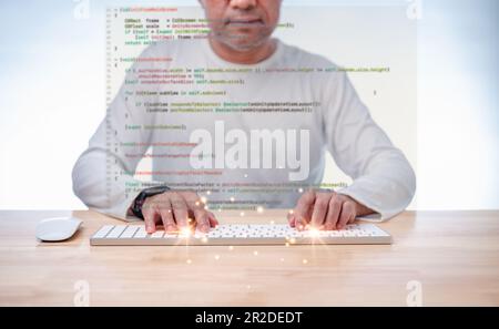 programmeur codage, compilateur, encodage, débogage et logiciel d'application de développement pour les entreprises avec ordinateur portable. Homme programmant le web de codage Banque D'Images