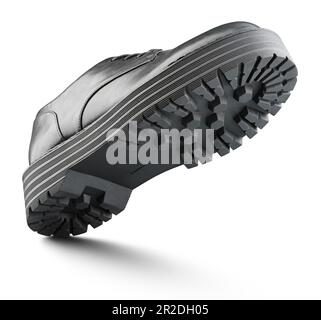 Vue de dessous de la botte en cuir noir isolée sur fond blanc. Chaussures basses à semelle haute avec passe-cheveux. Profondeur de champ complète Banque D'Images