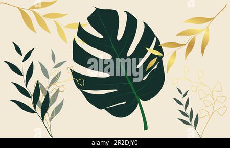 Monstera Vector LEAF, Tropical Elegance Abstract art, luxe feuille dorée avec feuille verte, Vector Illustration de Vecteur