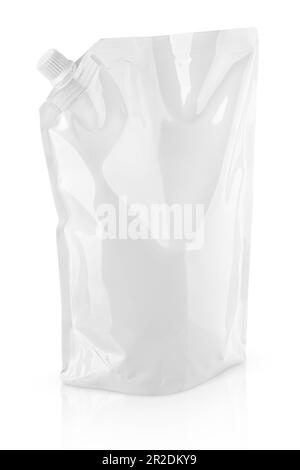 Sac à dopack blanc brillant vierge avec capuchon ou étui de rangement isolé sur blanc avec masque Banque D'Images