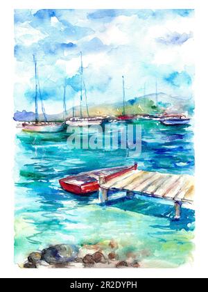 Mer, bateau, yachts, paysage marin. Illustration aquarelle de la mer bleue. Mer bleue, vagues, ciel avec nuages, bateau, jetée. Tourisme et voyages. Banque D'Images