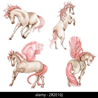 Belle licorne blanche, mignonne, avec ailes roses et ensemble de fleurs roses. Pour la crèche, la douche de bébé, l'invitation pour la fête d'anniversaire. Illustration aquarelle Banque D'Images