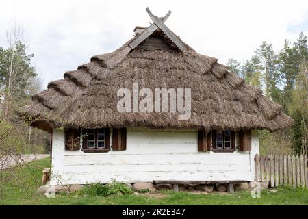 Maison en bois de couleur blanche ancienne avec paille, toit de chaume à Meadow, plein air. Bungalow dans la région rurale de l'Europe de l'est, campagne. Horizontale Banque D'Images