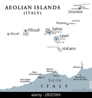 Îles Eoliennes, carte politique grise. Archipel volcanique dans la mer Tyrrhénienne au nord de la Sicile, Italie. Aussi appelé Iles Lipari. Banque D'Images