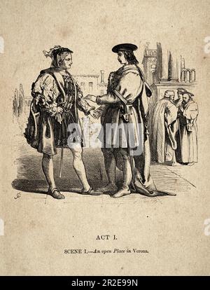 Illustration vintage scène des deux Messieurs de Vérone par William Shakespeare, par John Gilbert 19th siècle Banque D'Images