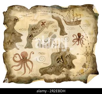 Carte du Trésor dessinée à la main dans l'aquarelle. Carte antique avec îles, pieuvres, bains bouillonnants, bateau, bateau et emplacement du Trésor. adapté à l'intérieur Banque D'Images