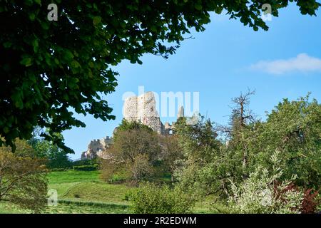 Le château de Pfeffingen ruine tour haut au-dessus du village du même nom et de la vallée de Birseck Banque D'Images