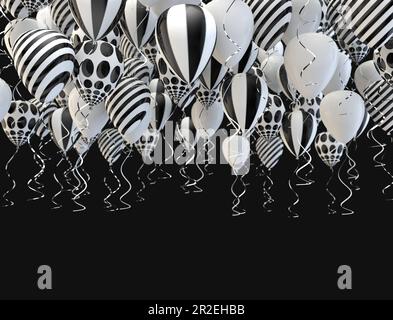 Ballons à hélium élégants survolant sur fond noir pour les annonces, anniversaires et invitations. Fond festif et festif. Banque D'Images