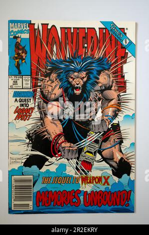 Calgary, Alberta - 17 mai 2023 : couvertures de bandes dessinées anciennes de Marvel Wolverine. Banque D'Images