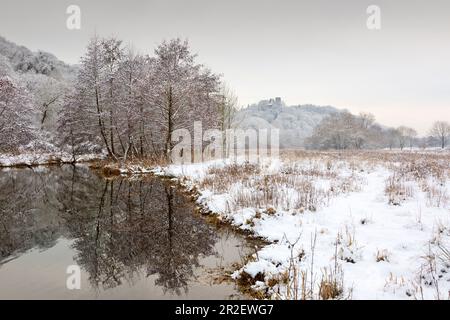 Prés de la Ruhr en hiver, vue sur le château de Blankenstein, près de Hattingen, région de la Ruhr, Rhénanie-du-Nord-Westphalie, Allemagne Banque D'Images