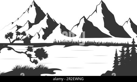 Montagne avec pins et paysage de lac noir sur fond blanc. Silhouette des pics rocheux dans un style d'esquisse. Illustration vectorielle. Illustration de Vecteur