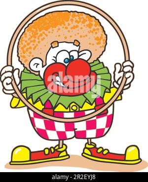 Illustration de clown avec cheveux orange pantalons à carreaux grands pieds, nez rouge, sourire, tenant hula houle, cercle, objets circulaires, en se penchant sur les formes Banque D'Images