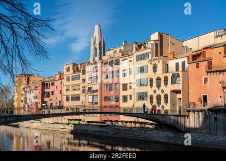 Maisons colorées sur la rivière Onyar à Gérone, Catalogne, Espagne Banque D'Images