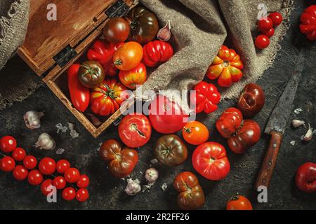 De nombreuses races, formes et tailles différentes de tomates dans une ancienne boîte en bois et sur une surface sombre, plat, vue de dessus. Concept de récolte Banque D'Images