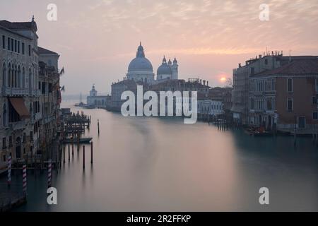 Lever du pont de l'Accademia en direction de Santa Maria della Salute, Venise, Italie. Banque D'Images