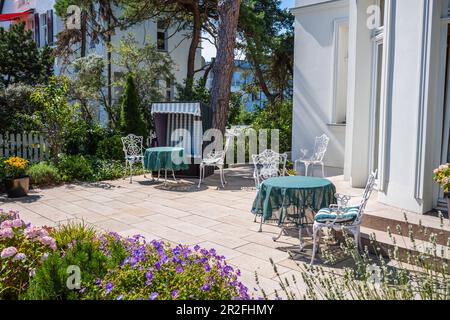 Chaises élégantes dans un jardin à Bansin avec une chaise de plage, Usedom, Mecklenburg-Ouest Pomerania, Allemagne Banque D'Images