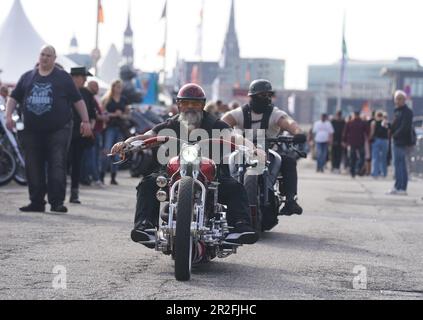 Hambourg, Allemagne. 19th mai 2023. Les participants prennent leurs motos Harley-Davidson dans la zone d'événements du Großmarkt Hamburg pendant la première journée des Harley Days. Les Harley Days sont le plus grand rassemblement de motards du centre-ville d'Europe. Credit: Marcus Brandt/dpa/Alay Live News Banque D'Images