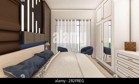 Intérieur de chambre réaliste brun foncé et bleu avec mobilier en bois 3D rendu Banque D'Images