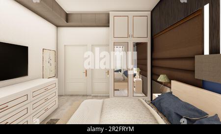 Intérieur de chambre réaliste brun foncé avec mobilier en bois 3D rendu Banque D'Images