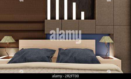 Chambre de luxe réaliste brun foncé avec mobilier en bois 3D rendu Banque D'Images