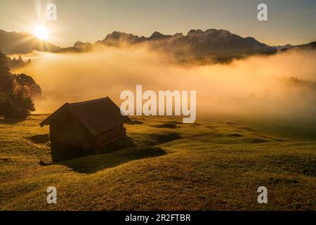 Octobre matin brume sur le Geroldsee, Krün, Allemagne Banque D'Images