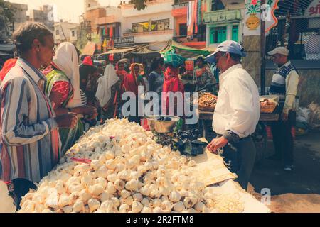 Jaisalmer, Inde - 19 janvier 2020 : accent sélectif sur les garlics au marché traditionnel indien de rue à Jaisalmer Rajasthan, Inde Banque D'Images