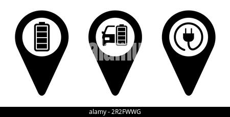 Zone du point de charge électrique, câble de batterie e-bike, station de voiture. Indicateur de charge. Alimentation électrique. Stationnement pour la prise ou le débranchement. Point, broche lo Banque D'Images