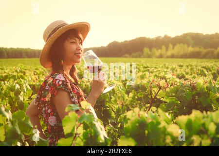 Jeune femme asiatique qui dégusterez du vin dans un vignoble de la région de Bordeaux au coucher du soleil en France Banque D'Images