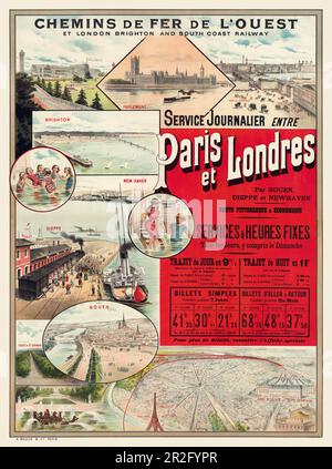 Chemins de fer de fer de l'Ouest et de Londres Brighton et South Coast Railway. Service journalistique entre Paris et Londres. Artiste inconnu. Affiche publiée en 1890 en France. Banque D'Images