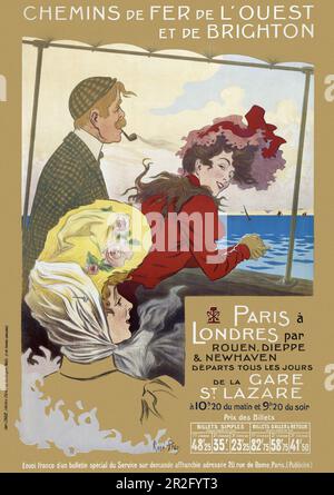 Chemins de fer de l'Ouest et de Brighton. Paris à Londres pa Rouen, Dieppe & Newhaven par René Péan (1875-1955). Affiche publiée en 1905 en France. Banque D'Images