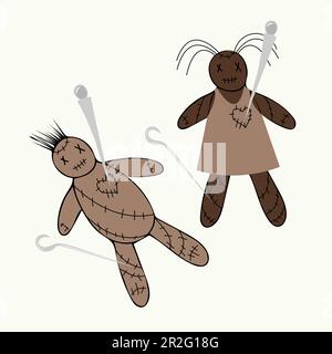 Illustration vectorielle de deux poupées voodoo dessinées à la main qui ont été percées avec des épingles. Des poupées voodoo pour les femmes et les femmes. Illustration de Vecteur
