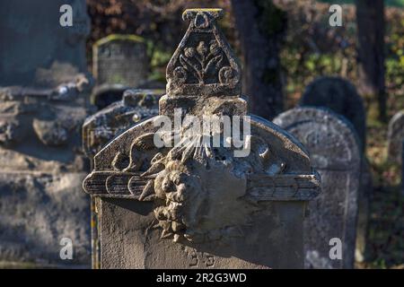 Symboles juifs sur pierre tombale, cimetière juif historique, ce lieu funéraire fut occupé de 1737 à 1934, Hagenbach, haute-Franconie, Bavière Banque D'Images