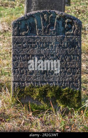 Symboles juifs sur pierre tombale, cimetière juif historique, ce lieu funéraire fut occupé de 1737 à 1934, Hagenbach, haute-Franconie, Bavière Banque D'Images