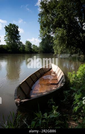 Vieux bateau de pêche sur les rives de l'Oglio, Drizzona, province de Cremona, Italie, Europe Banque D'Images