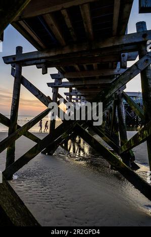 Sankt Peter Ording maisons à pilotis sur la plage, Sankt Peter Ording, Frise du Nord, côte de la mer du Nord, Schleswig Holstein, Allemagne, Europe Banque D'Images