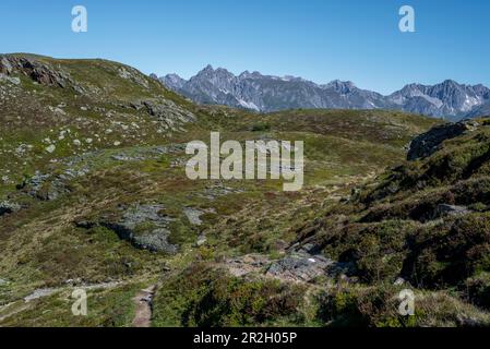 Vue sur les Alpes depuis le sentier de randonnée européen longue distance de E5, Wenns, Tirol, Autriche Banque D'Images