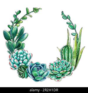 Couronne lumineuse de cactus et de succulents. Aquarelle illustration des succs dessinée à la main. Peut être utilisé pour les cartes de mariage et les invitations, le jour de la mère a Banque D'Images