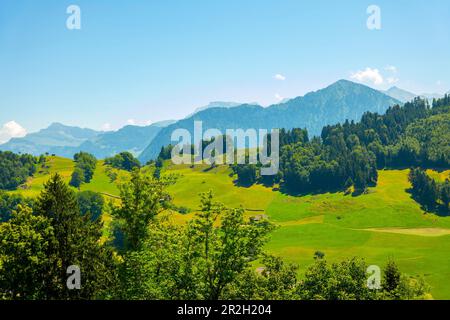 Vue aérienne sur la chaîne de montagnes avec ciel bleu clair à Burgenstock, Nidwalden, Suisse. Banque D'Images
