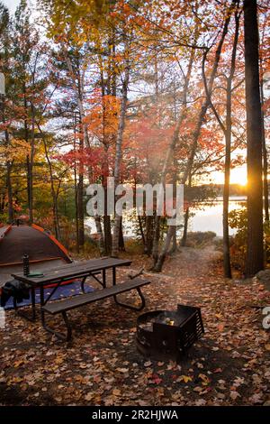 Coucher de soleil depuis un site de camping avec beau feuillage d'automne au bord d'un lac Banque D'Images