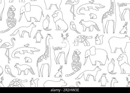 Motif animal sans couture linéaire. Imprimé sans fin avec écureuil perroquet, grenouille, girafe. Pingouin à motif ours panda. Cerf chat tortue renard lion tigre. Personnages de mammifères pour répéter le fond d'écran de bébé Illustration de Vecteur