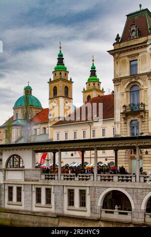 Bâtiments et marché couvert sur la rivière sous ciel nuageux, Ljubljana, capitale de la Slovénie, Europe. Banque D'Images